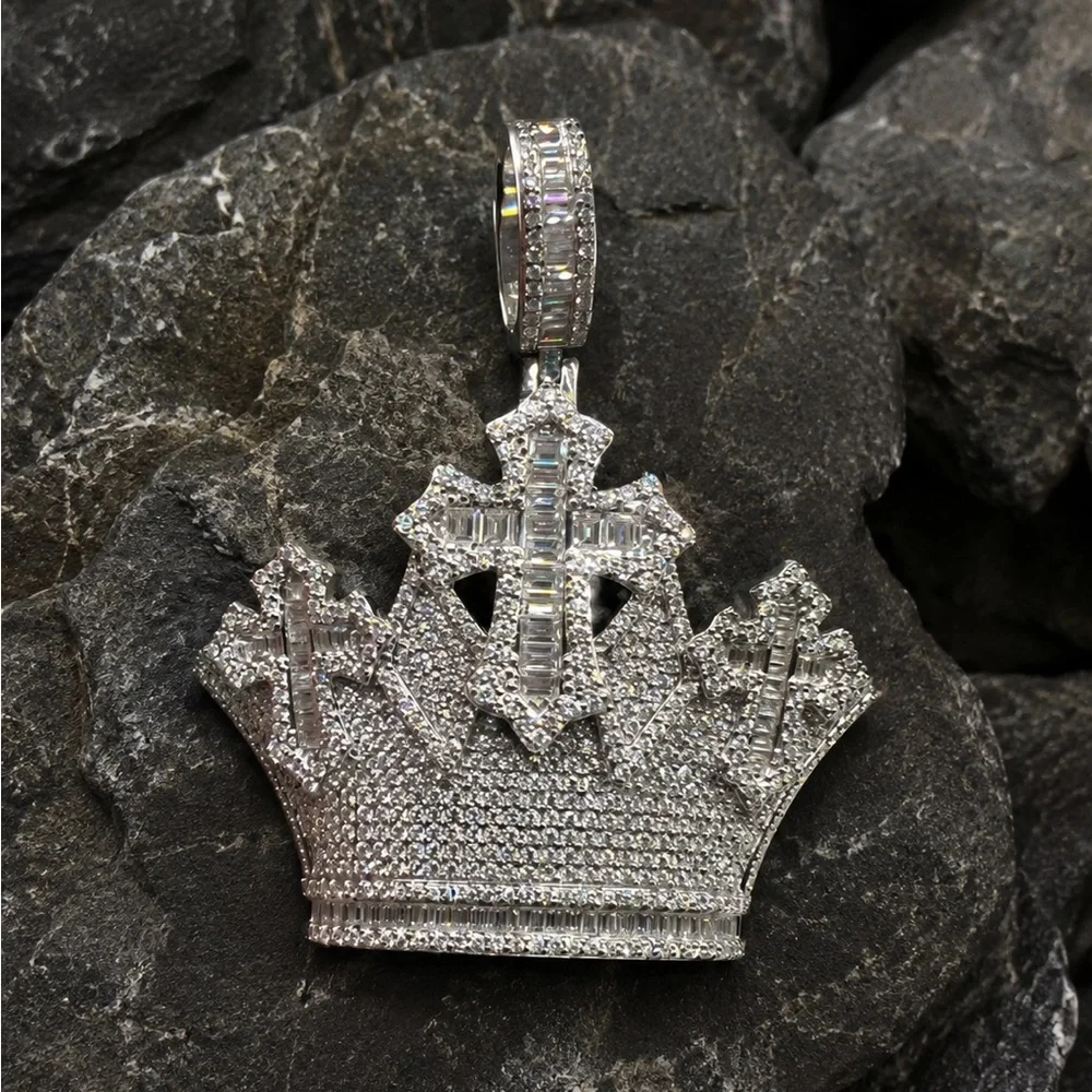 925 Sterling Silver 4.50CTW MOISSANITE Crown Cross Men’s Pendant